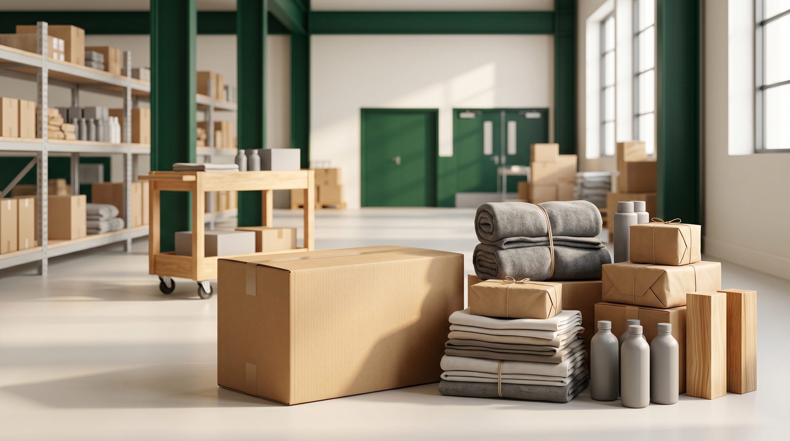 Editorial wide-angle interior scene representing a prison commissary retail environment — neutral fixtures and warm directional light, no people, no logos, restrained palette of cream, deep green, and editorial accent tones.